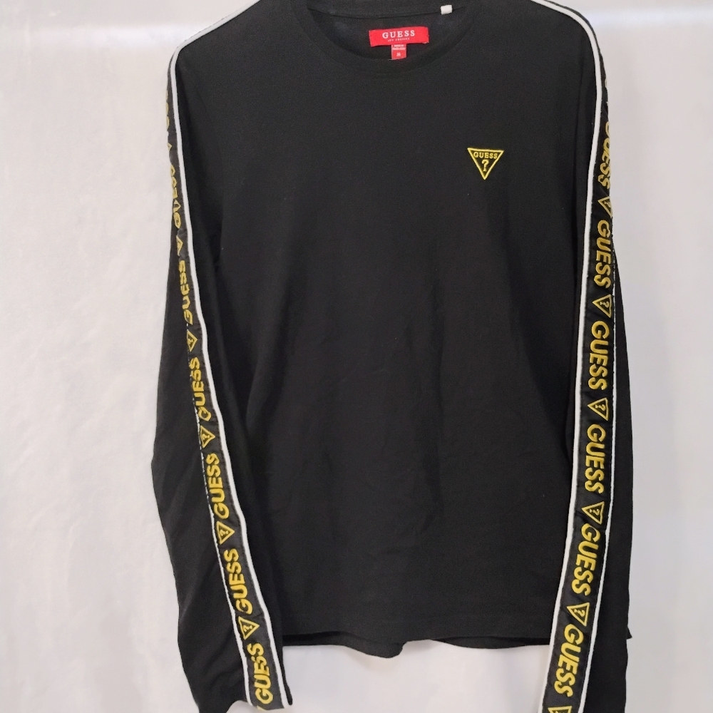Guess Los Angeles Mens Medium Black Long Sleeve Logo‎ Tape T Shirt Y2K F